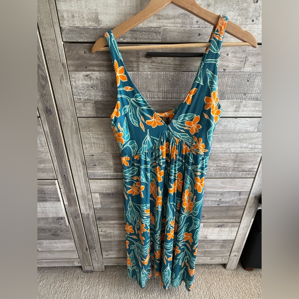 Teal Floral Sleeveless Mini Dress with Orange Blooms